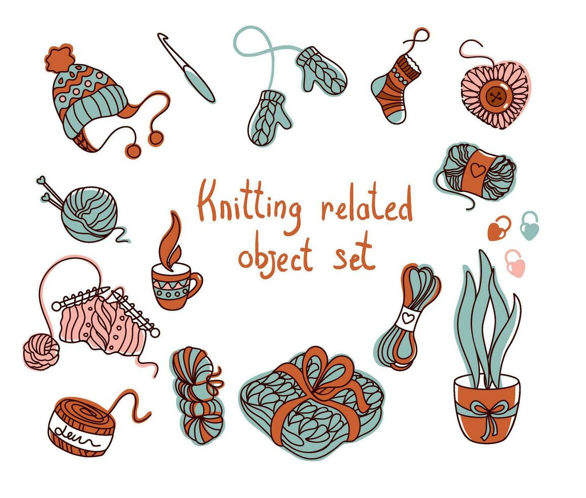 Knitting related object set. knitting hobby. Yarn knitting needles, vector illustration.