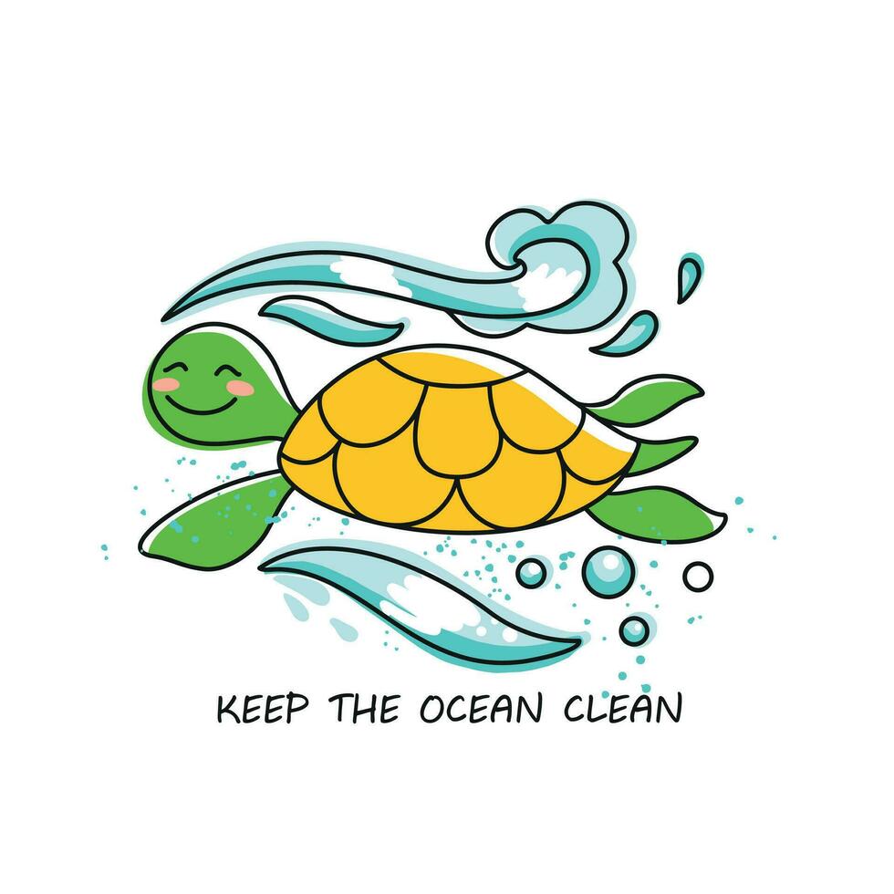 Keep the ocean clean. Happy turtle in the waves of the ocean. Save your ...