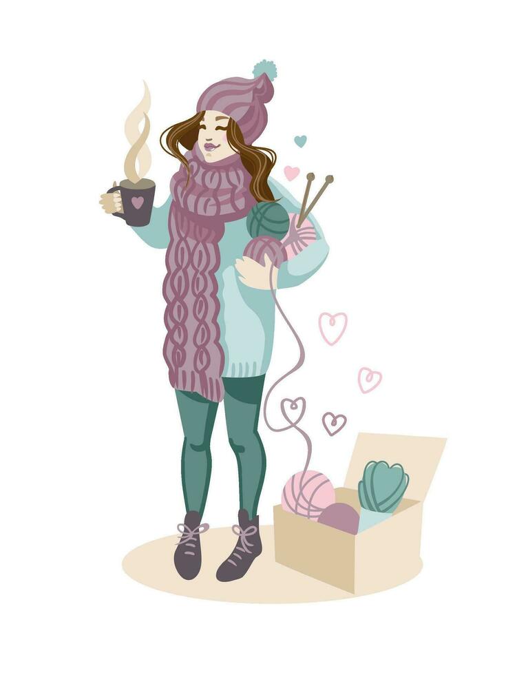 linda niña sostiene madejas de hilo y un taza de café en su manos. a su pies es un regalo caja lleno con hilo. yo amor tejido de punto, tejer. vector ilustración.