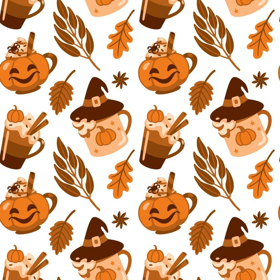 Aromatic coffee in funny pumpkin cups. Autumn mood. Seamless pattern. vector