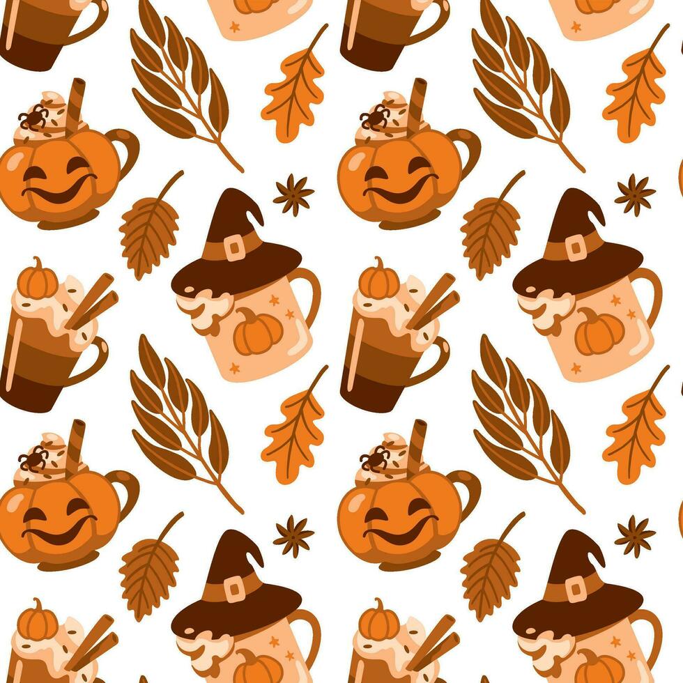 aromático café en gracioso calabaza tazas. otoño humor. sin costura modelo. vector