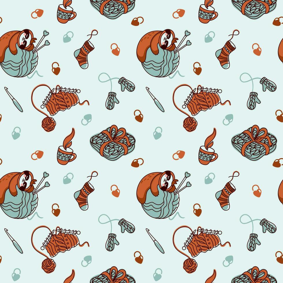Knitting and tools, yarn. Seamless pattern for fabric, wrapping, textile, wallpaper, apparel. Ve vector