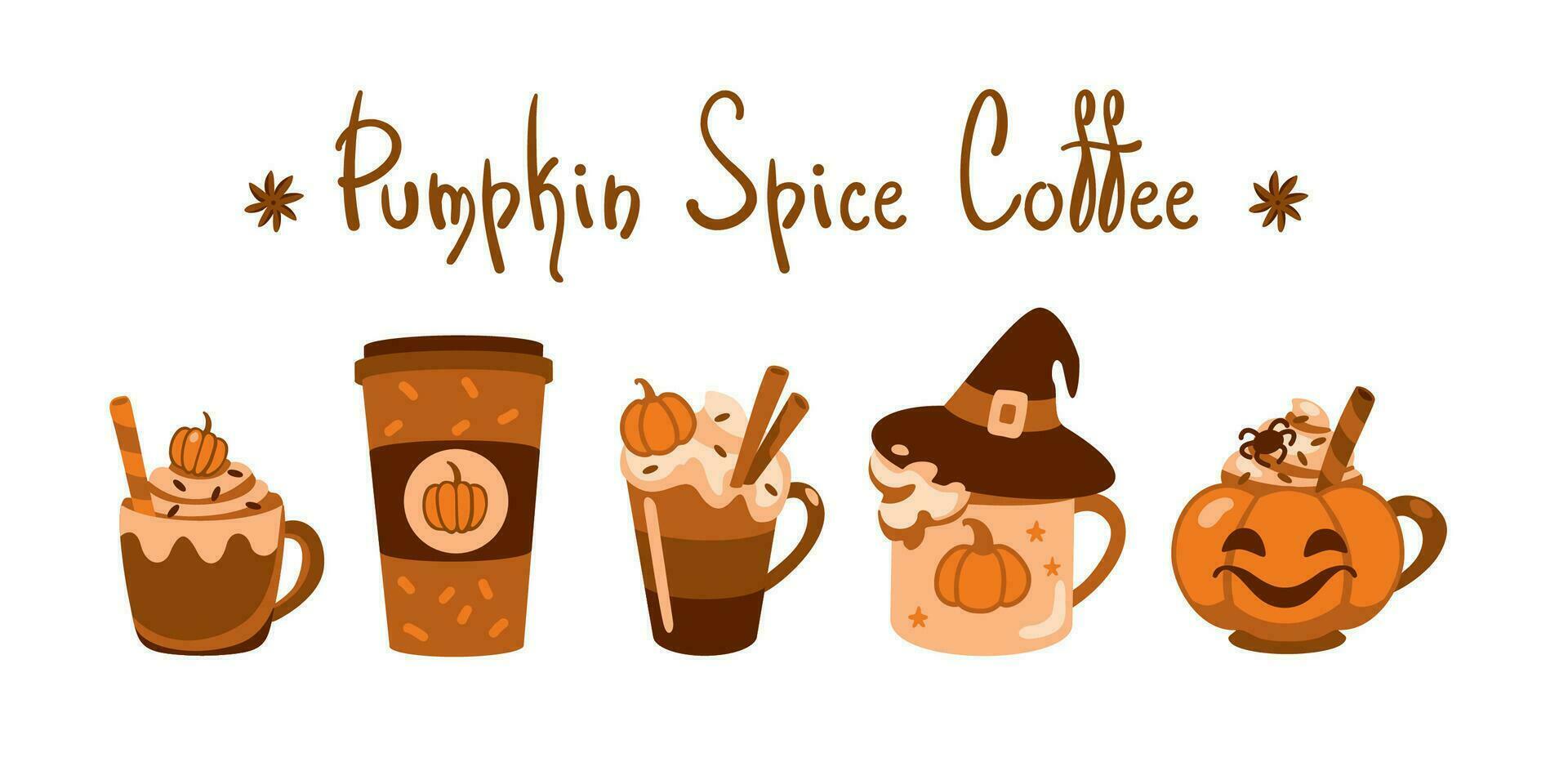 Pumpkin spice coffee. Different types coffee on cute cups. Autumn mood. Icon set vector