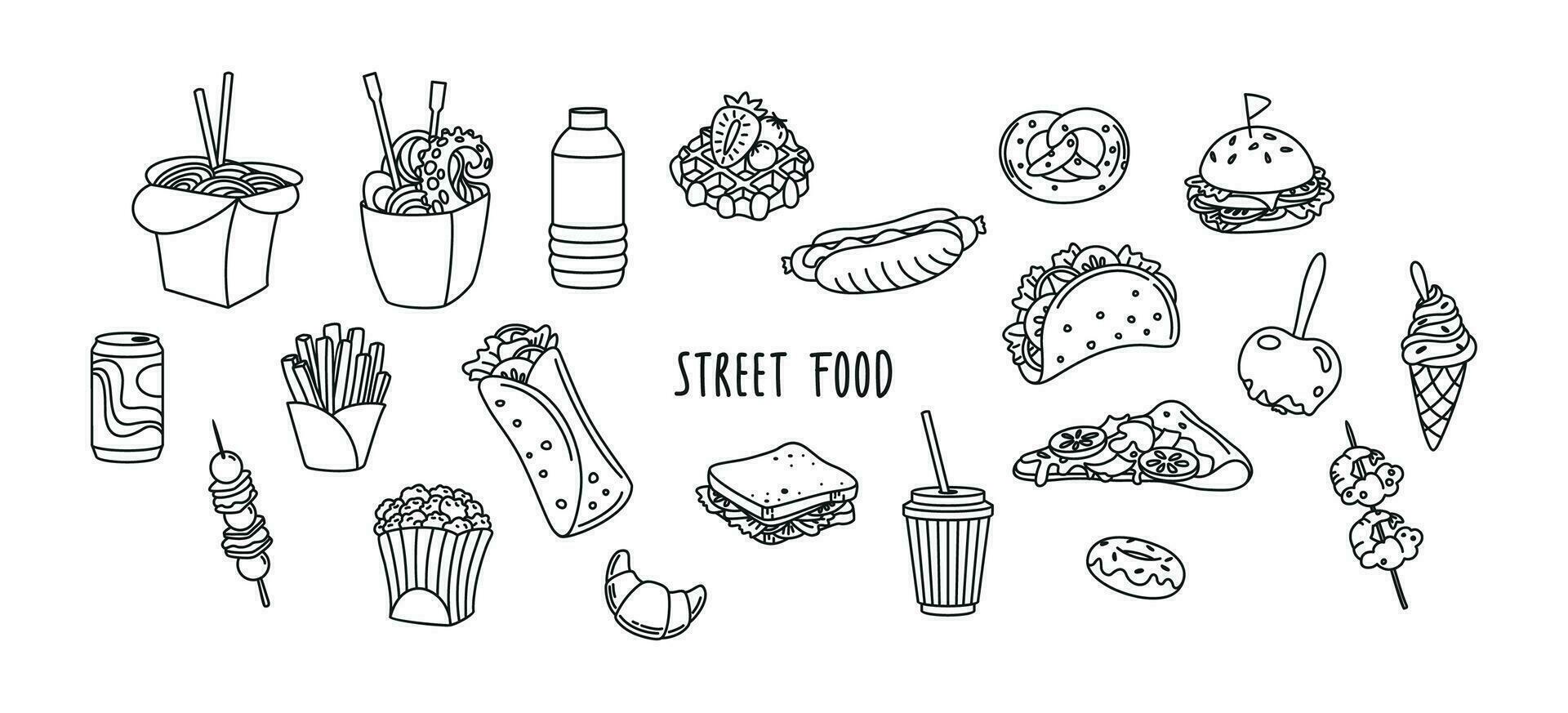 Street food Icon set. Monochrome design. Line illustrations. vector