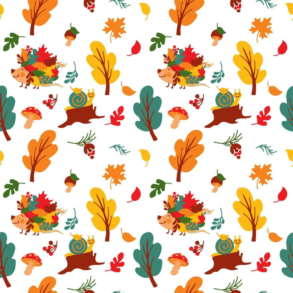 Childish seamless pattern with cute hedgehog in the autumn forest. Kids illustration texture for fabric, wrapping, textile, wallpaper, apparel. vector