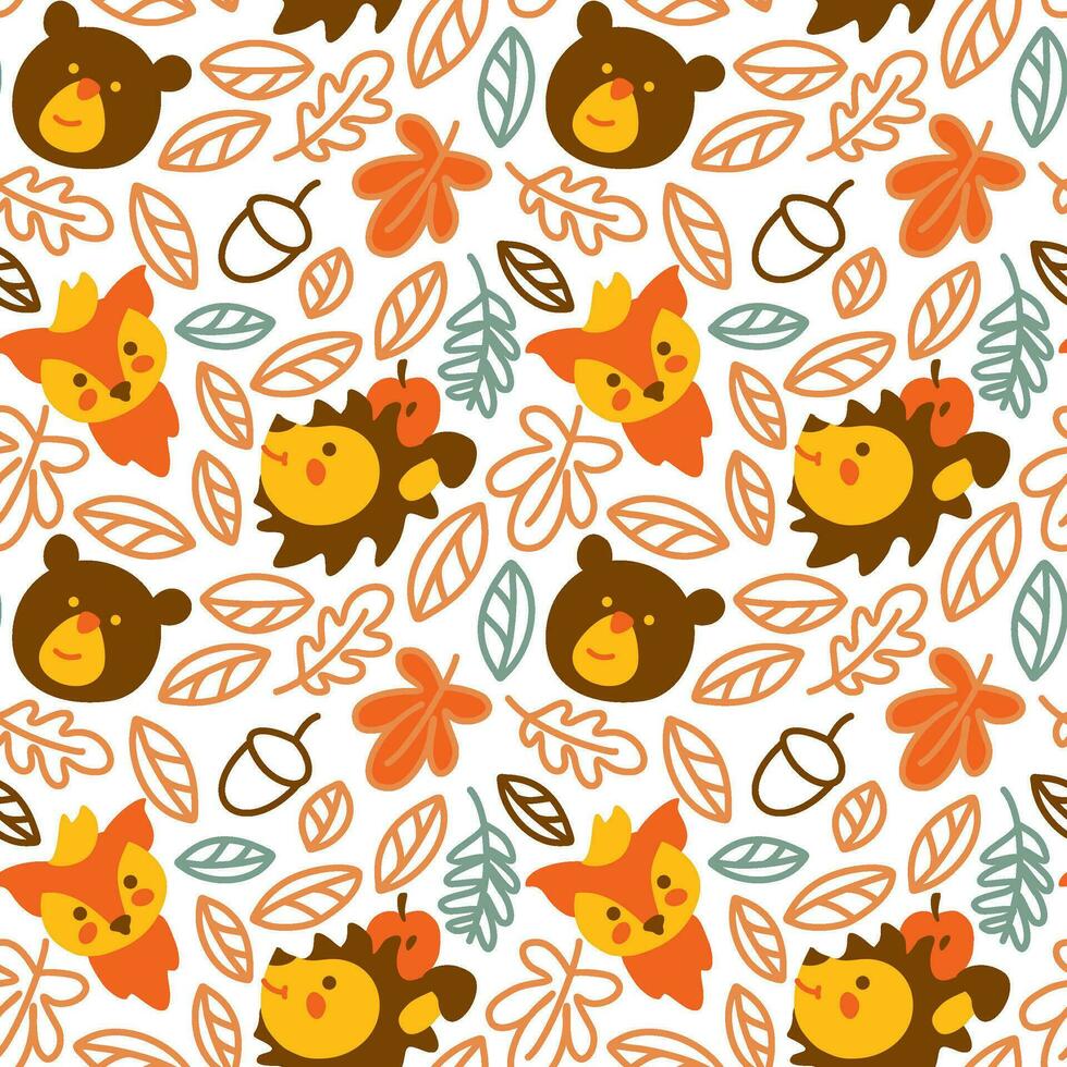 Cute fox, hedgehog, bear on autumn forest. Print for kid products. Seamless pattern vector