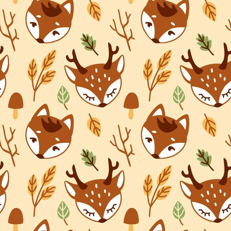 Baby's fox and fawn on autumn forest. Cute print for kid products. Seamless pattern. Vector