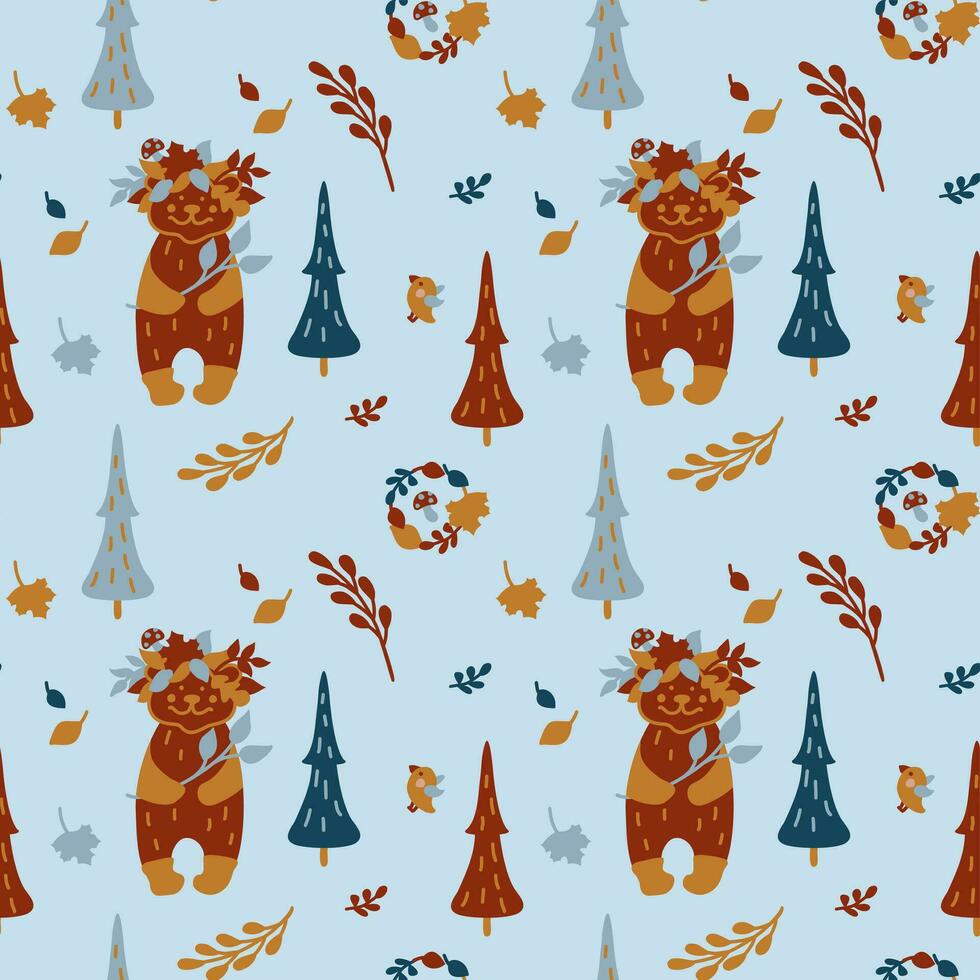 Childish seamless pattern with cute bear in the autumn forest. Kids illustration texture for fabric, wrapping, textile, wallpaper, apparel. vector