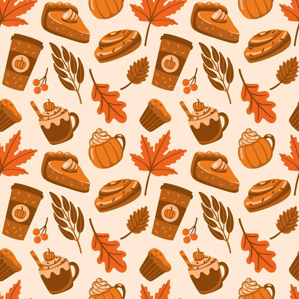 especia café y calabaza tarta, otoño hojas. otoño humor. sin costura modelo en naranja colores vector