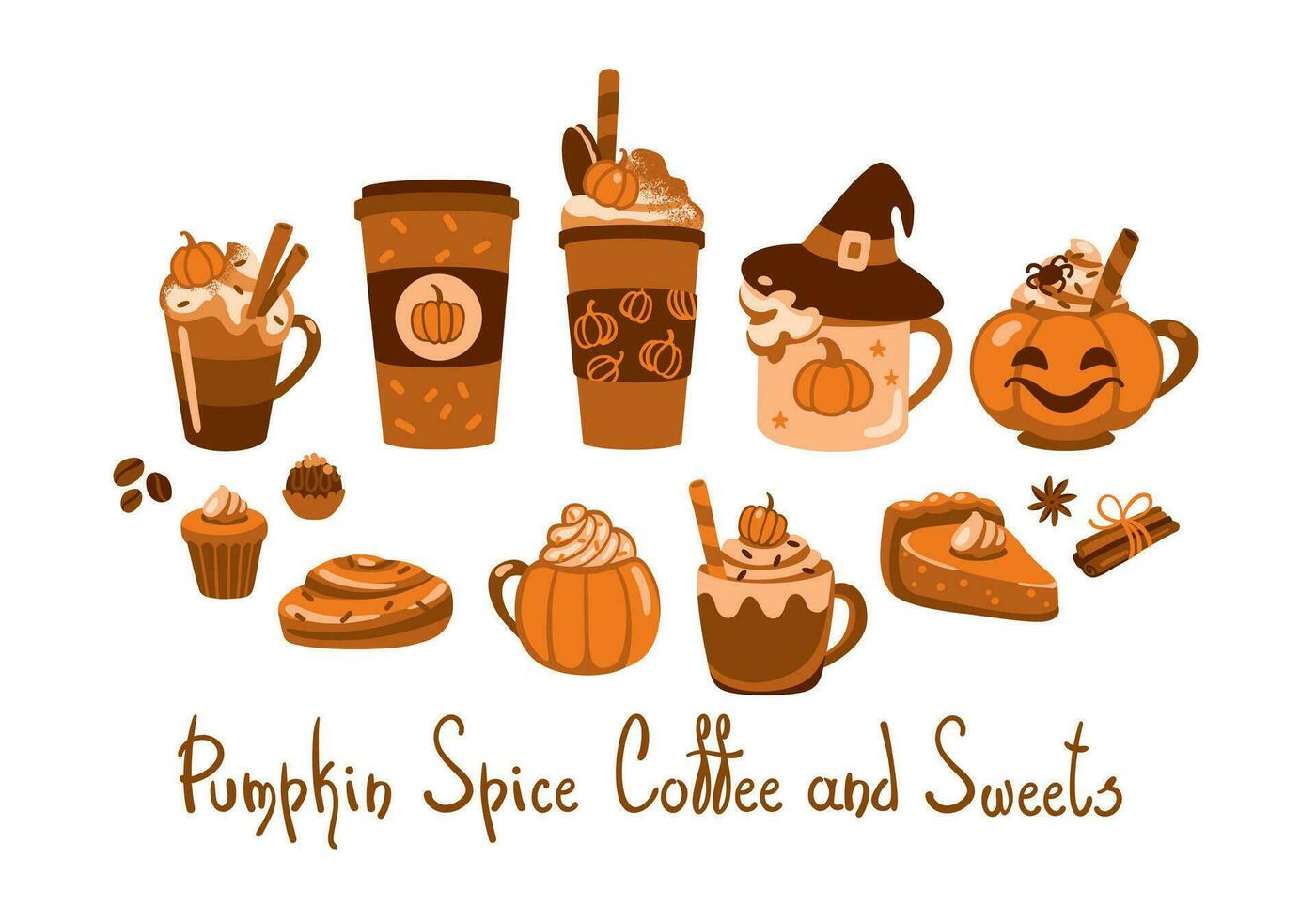 Pumpkin Spice coffee. Different types coffee on cute cups. Autumn mood. Set of illustrations vector