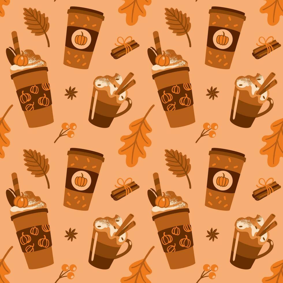 Spice coffee with cream. Autumn mood. Seamless pattern. vector