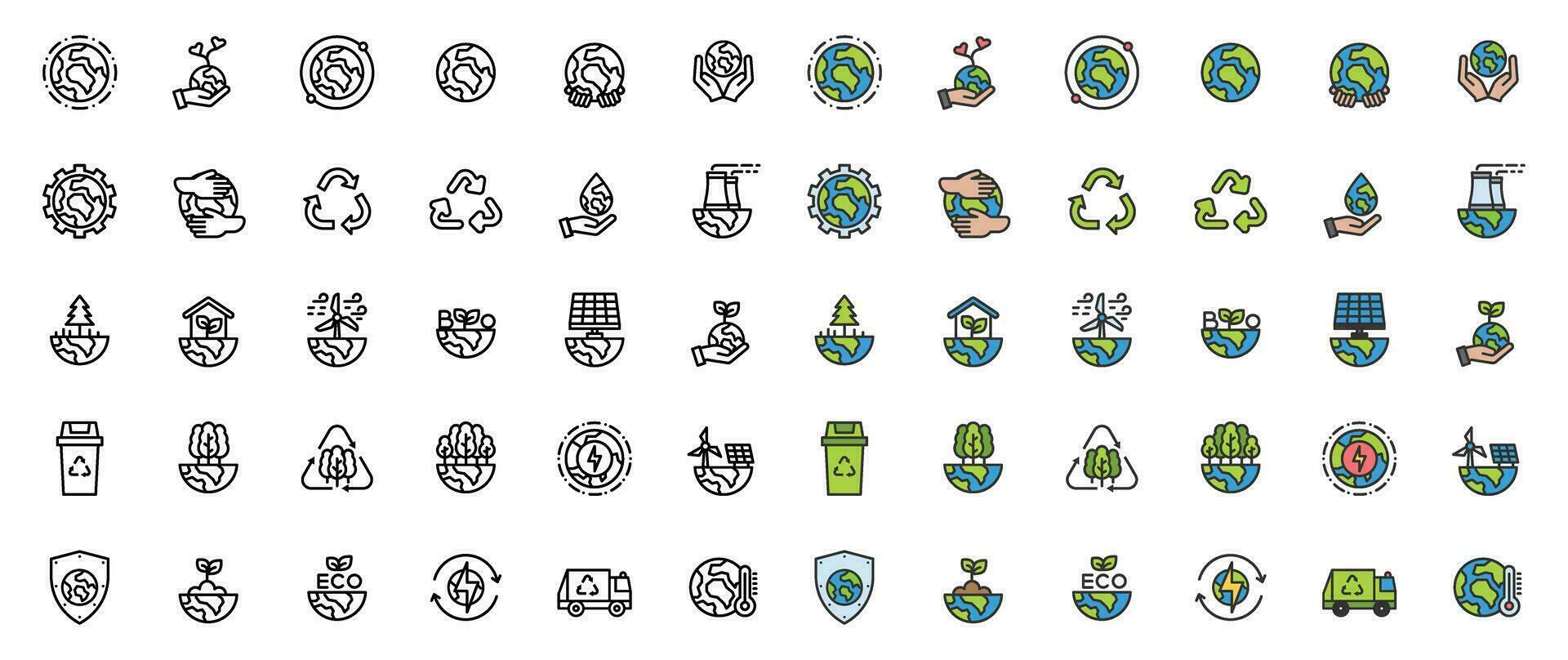 mundo ambiente día icono colocar. naturaleza renovable energía iconos eco amigable. tierra día ecología contorno vector icono ilustración firmar ,ambiente , salvar energía, eco