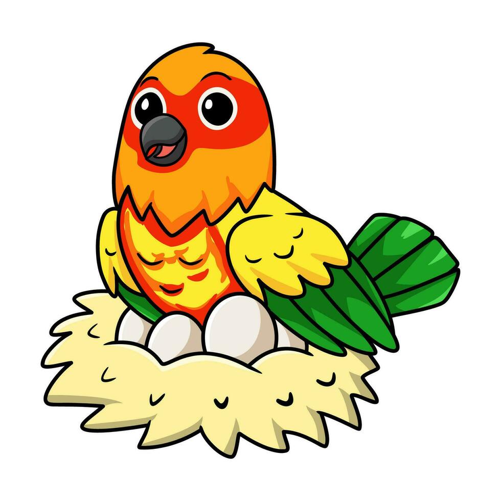 Cute yellow and green parrot lovebird cartoon with eggs in the nest vector