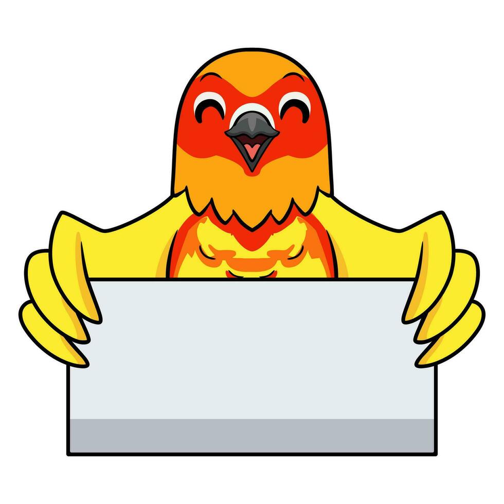 Cute yellow and green parrot lovebird cartoon holding blank sign vector