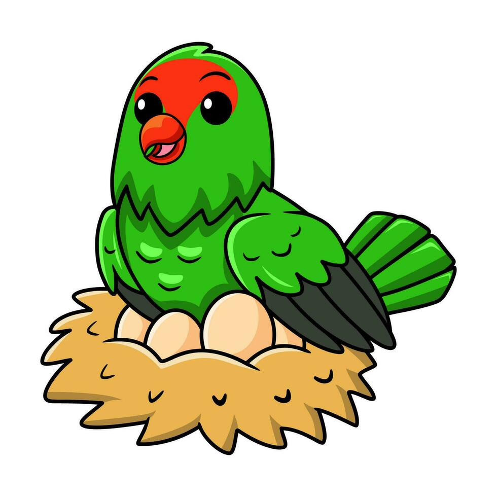 Cute black winged lovebird cartoon with eggs in the nest vector