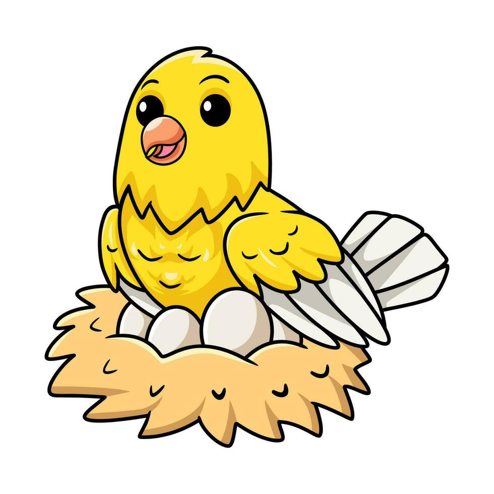 Cute canary bird cartoon with eggs in the nest vector