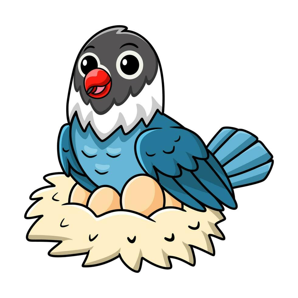 Cute slaty blue love bird cartoon with eggs in the nest vector