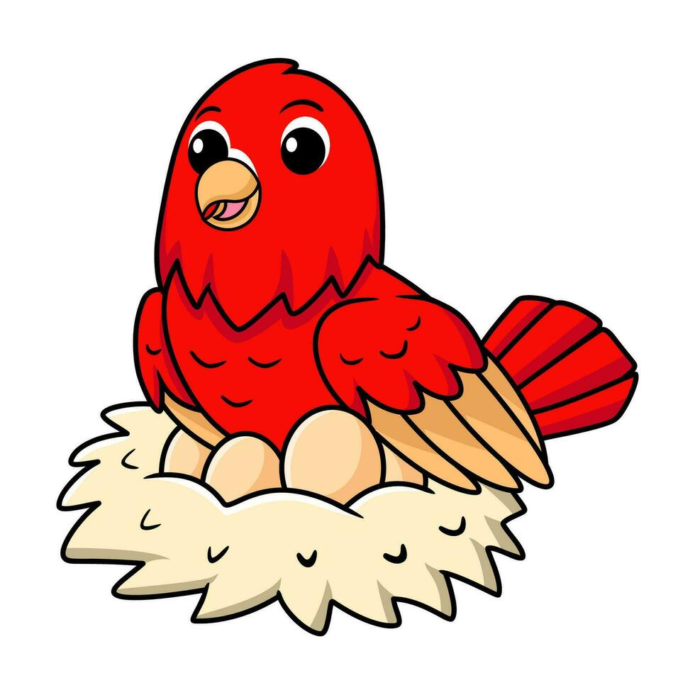 Cute red suffusion lovebird cartoon with eggs in the nest vector