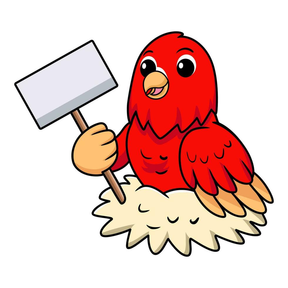 Cute red suffusion lovebird cartoon holding blank sign vector