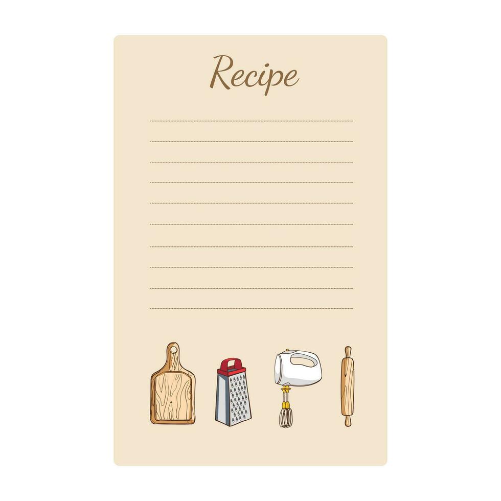 Recipe notebook with kitchen utensils. Hand drawn vector illustration.