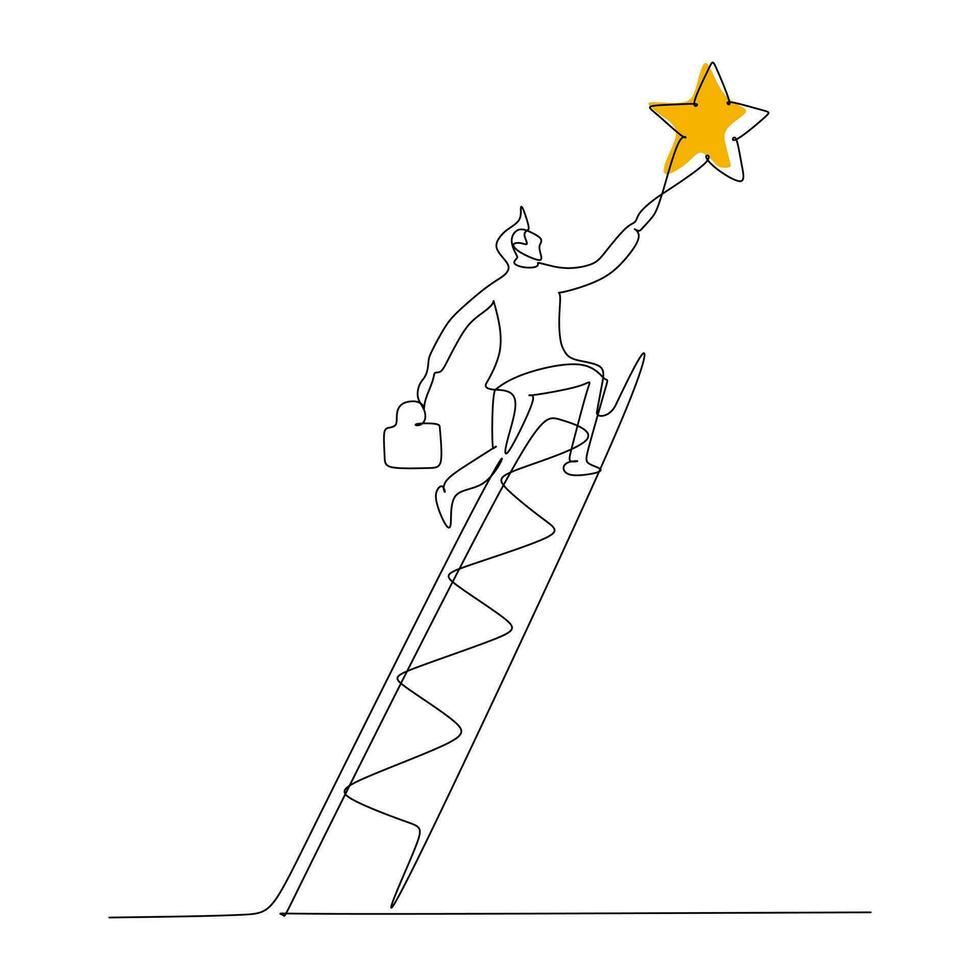 continuous line drawing of a businessman climbing the ladder to reach a star. Concept of struggle and fighting for success in business vector