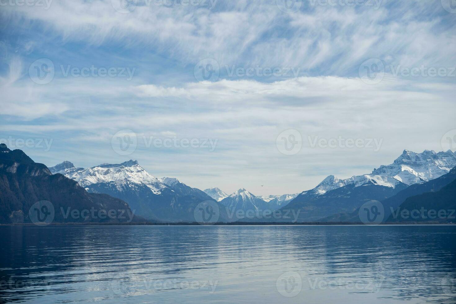 Mountain and Water Background View. Lake Geneva Vevey, Swistzerland. photo