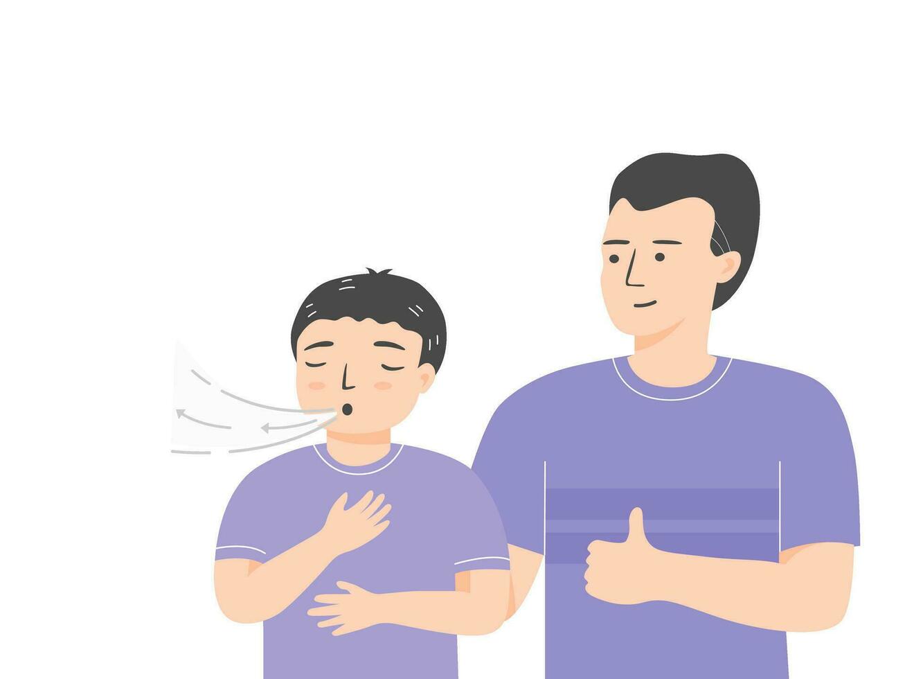 Relaxed kid breathing exercise with his dad. flat vector illustration.