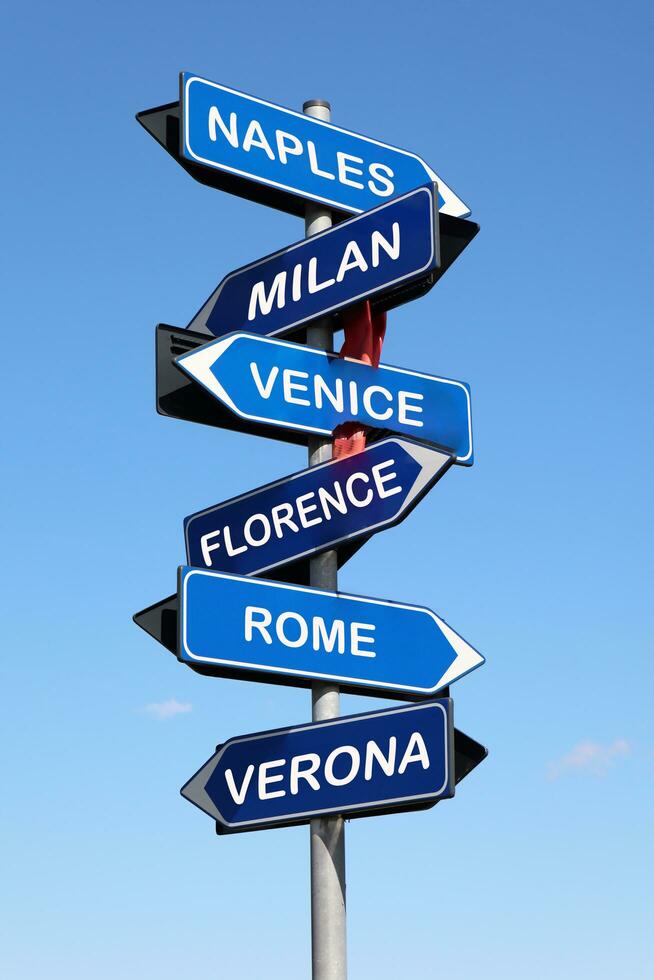 Concept image of a signpost with the most famous cities in Italy photo