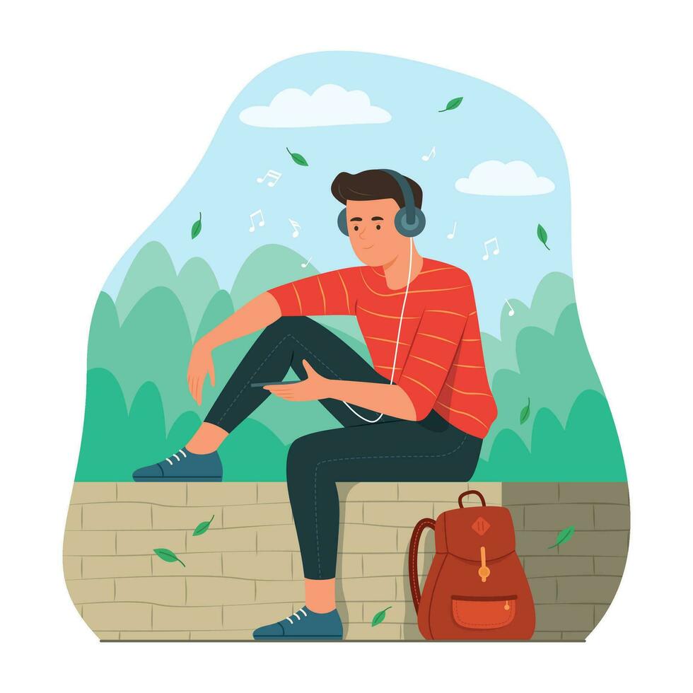 Young Man Listening to Music in the Park vector