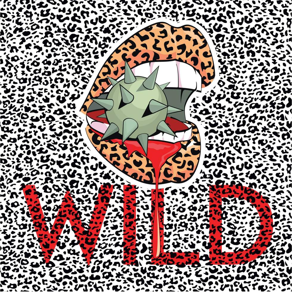 exciting image of animal print lips biting a spiked sphere and bleeding on animal print background vector