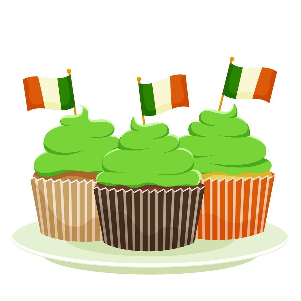 St. Patrick's Cupcake, a flat cartoon dessert vector illustration isolated on a white background. Happy St. Patrick's Day.