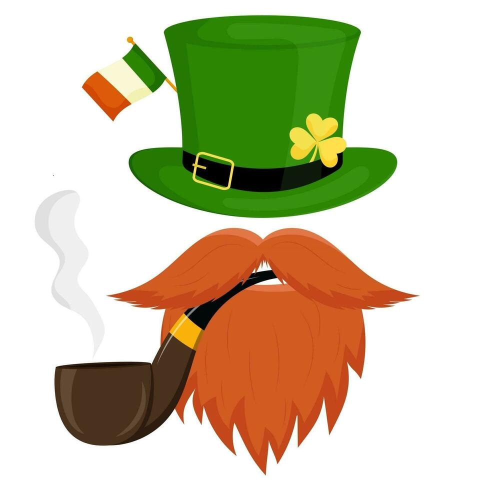 Leprechaun hat decorated with the flag of Ireland, mustache, beard and pipe. Vector illustration of St. Patrick's Day