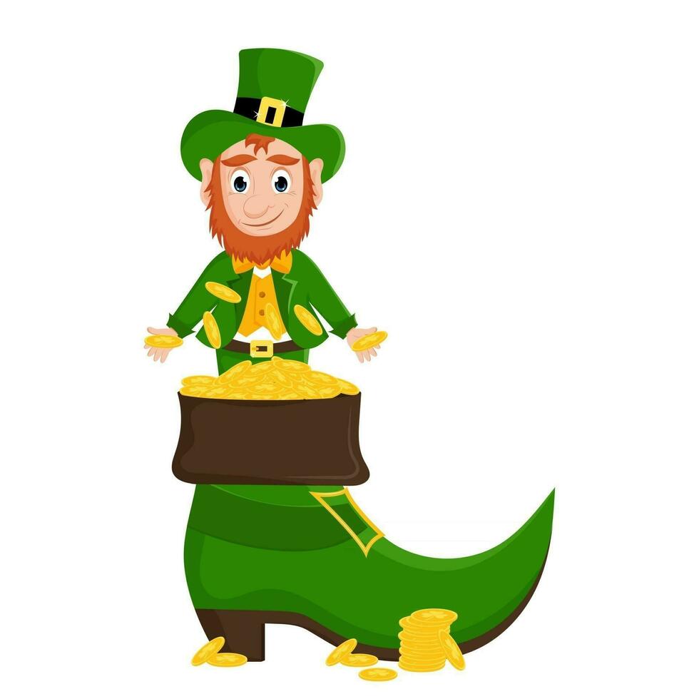 Cute cartoon leprechaun with a pot of gold. Vector illustration with happy St. Patrick's Day.