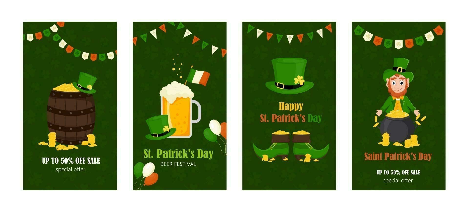 A set of flyers, brochures for St. Patrick's Day. A leprechaun hat, shoes with gold coins on a green background. Vector illustration.