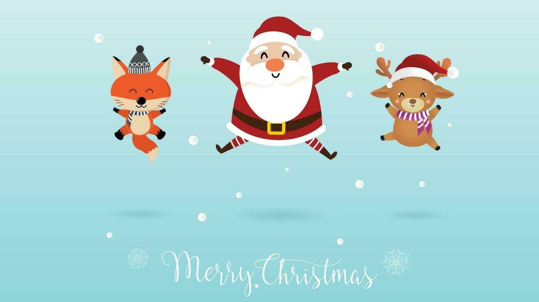 Merry Christmas and happy new year cute Santa Claus Reindeer and Fox jump. vector