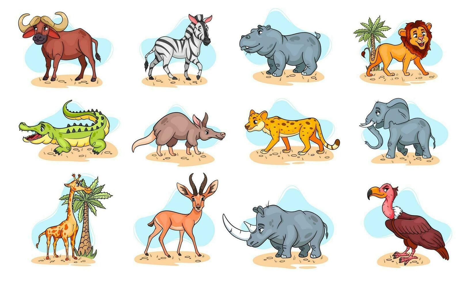 Large set of African animals. Funny animal characters in cartoon style. vector