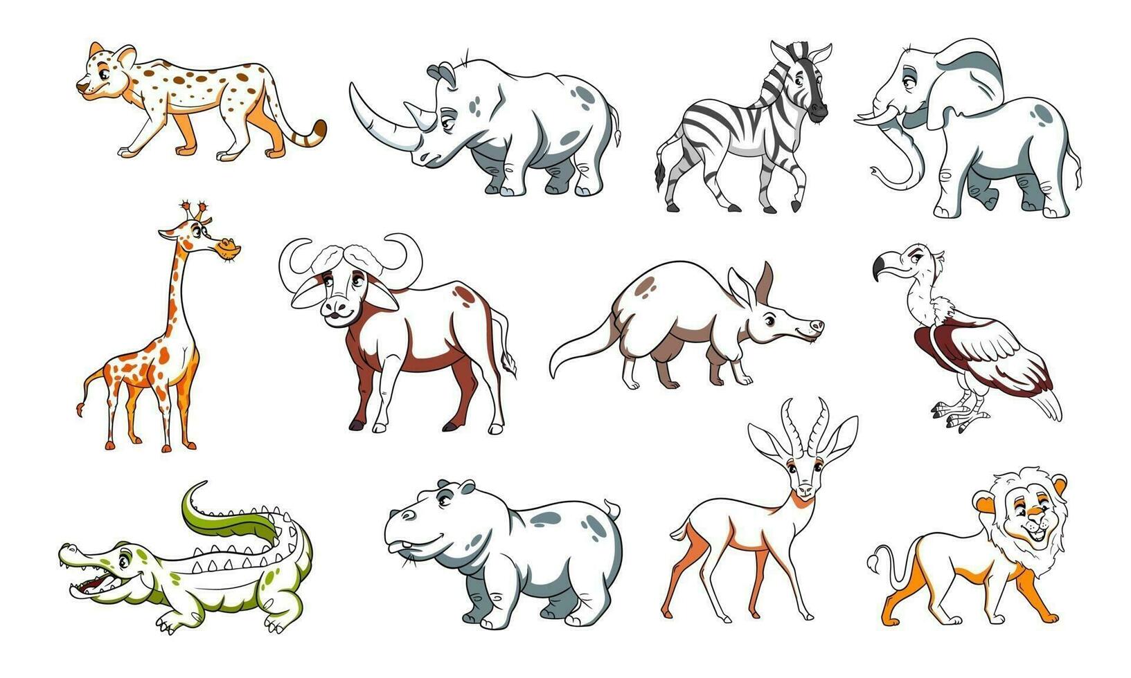 Large set of African animals. Funny animal characters in line style. vector