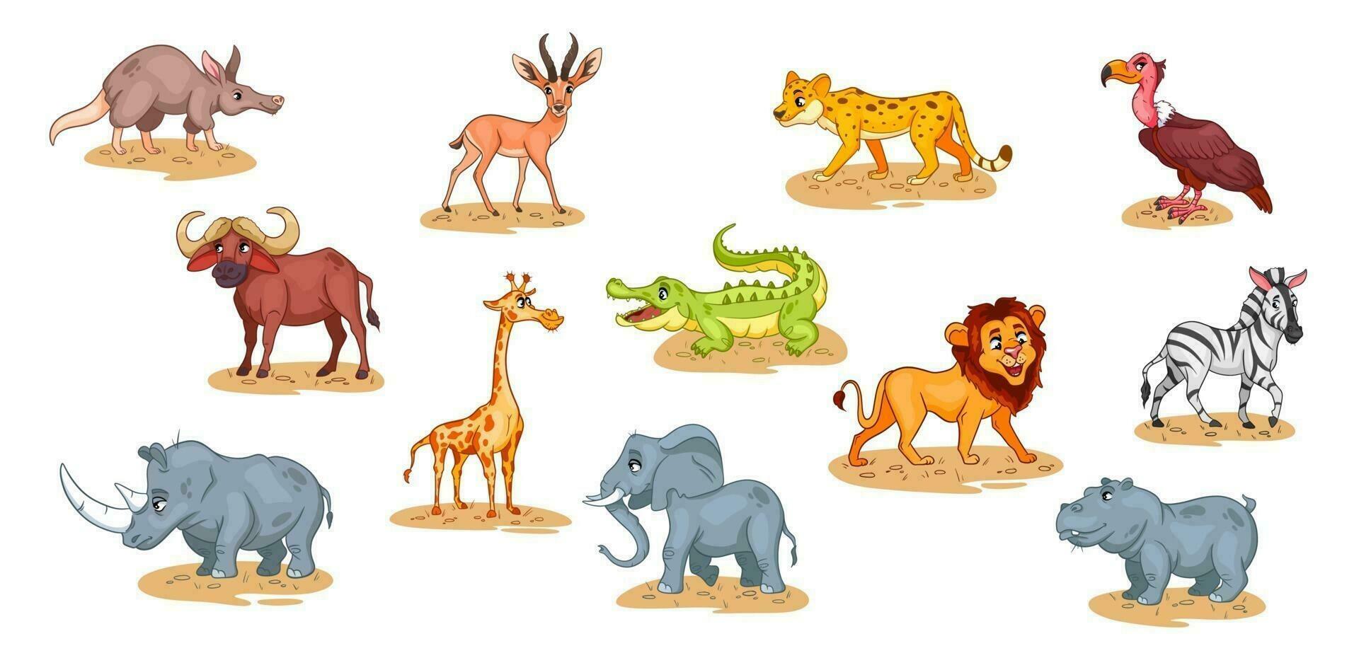 Large set of African animals. Funny animal characters in cartoon style. vector