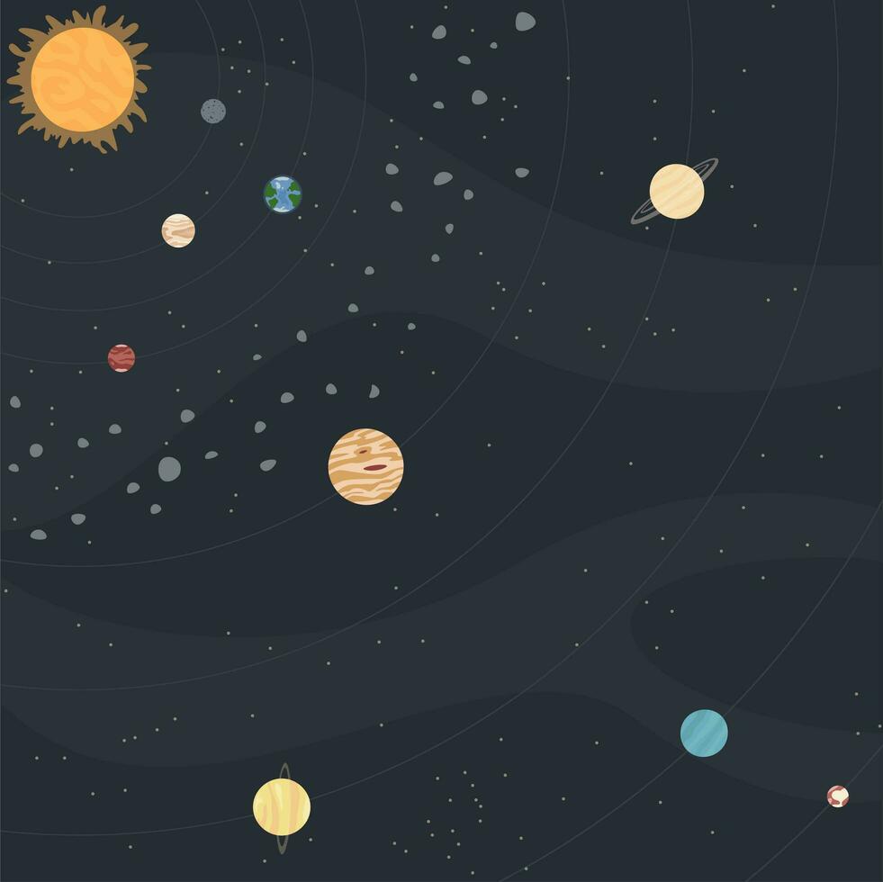 diagram of the solar system with sun, planets, asteroid belt in square frame vector