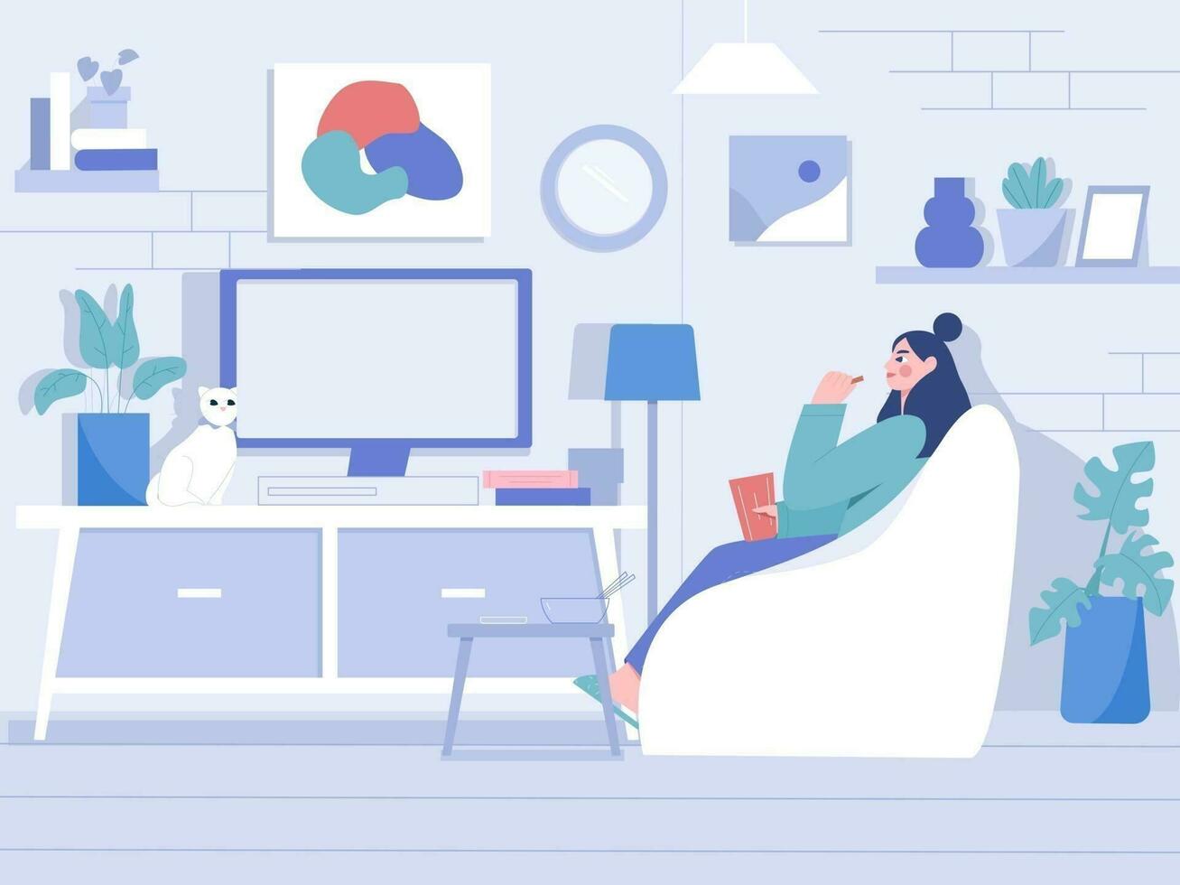 In Living Room Watching Television Flat Illustration vector