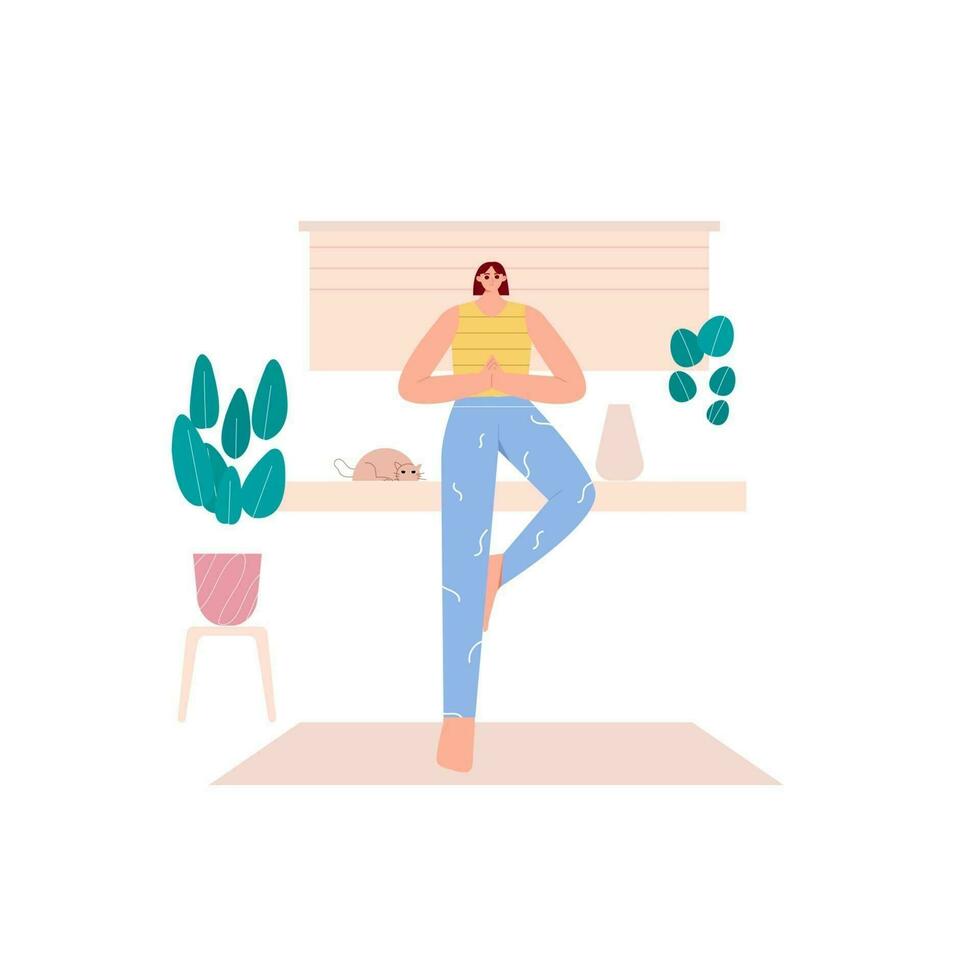 mujer yoga árbol poses plano ilustración vector