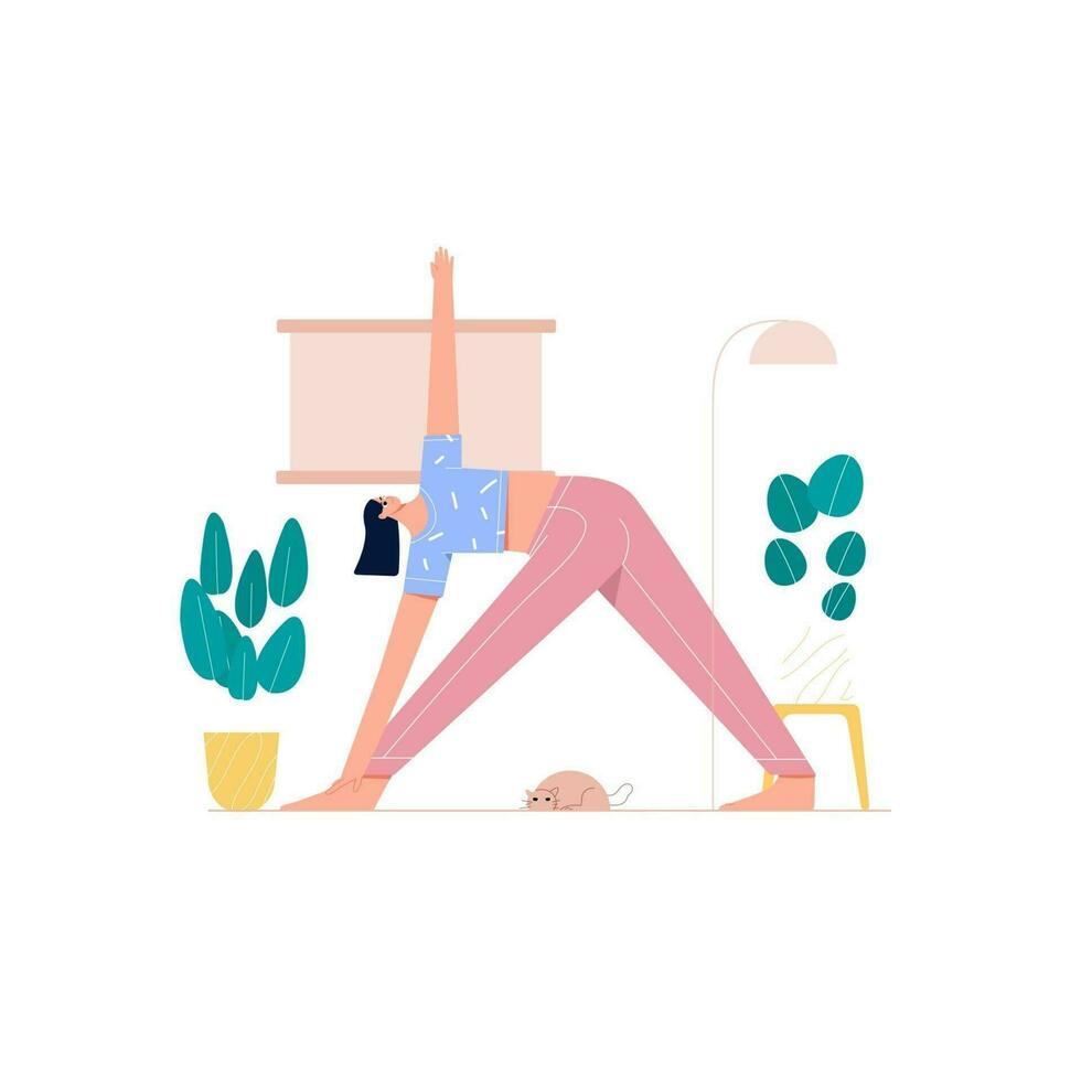 mujer yoga triángulo poses plano ilustración vector