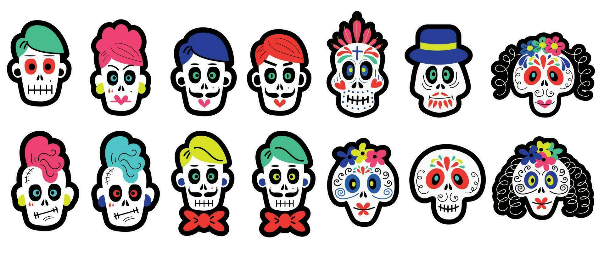 set of vector stickers of funny colorful skulls