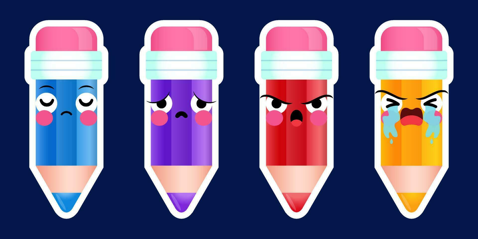 Cartoon Cute Pencils Sticker Emoticon Face Negative Emotions Set Vector