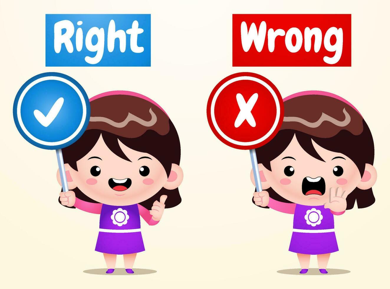 Cute Girl Opposite Words Right Wrong vector