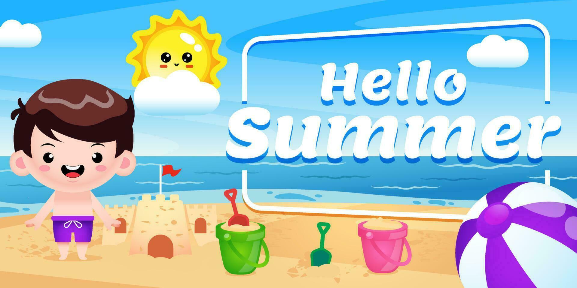 Happy Cute Boy Build Sand Castle With Summer Greeting Banner vector