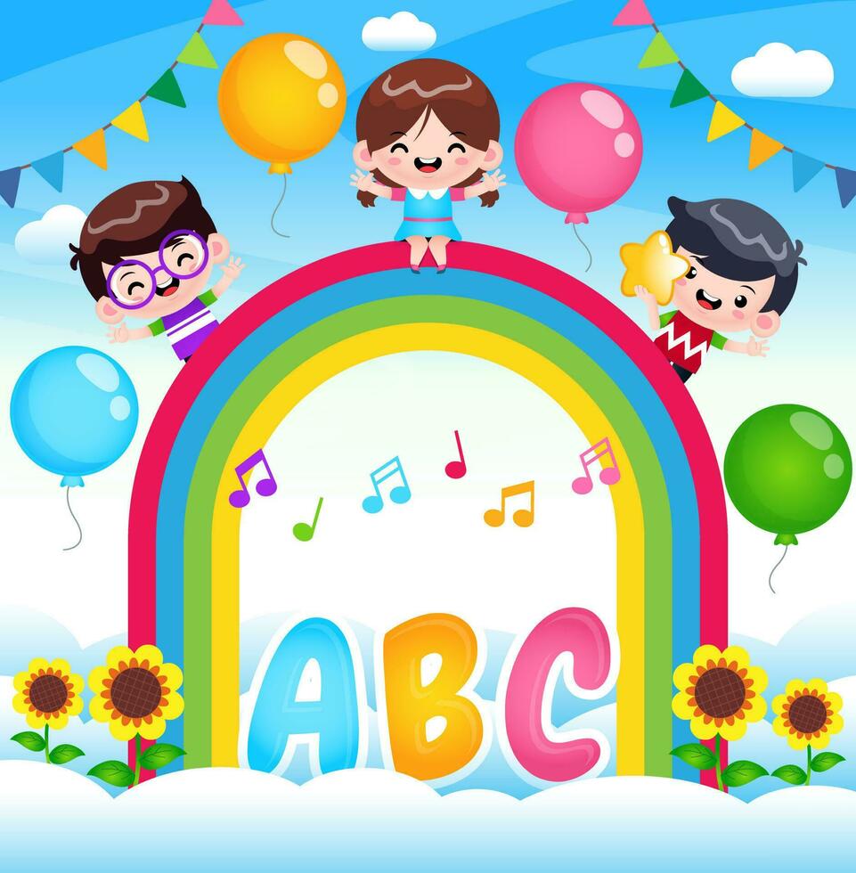 contento niños en arco iris cielo jardín vector