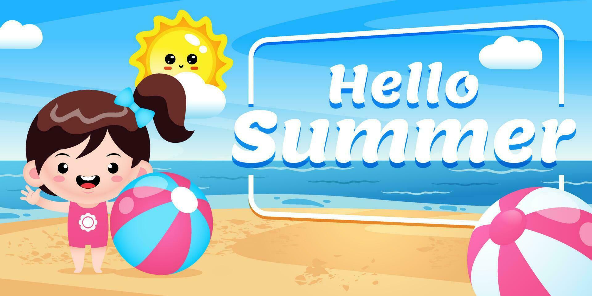 Happy Cute Girl Holding Beach Ball With Summer Greeting Banner vector