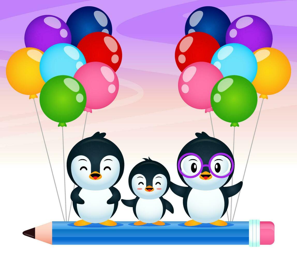 Cartoon Three Cute Penguins Riding On Flying Pencil vector