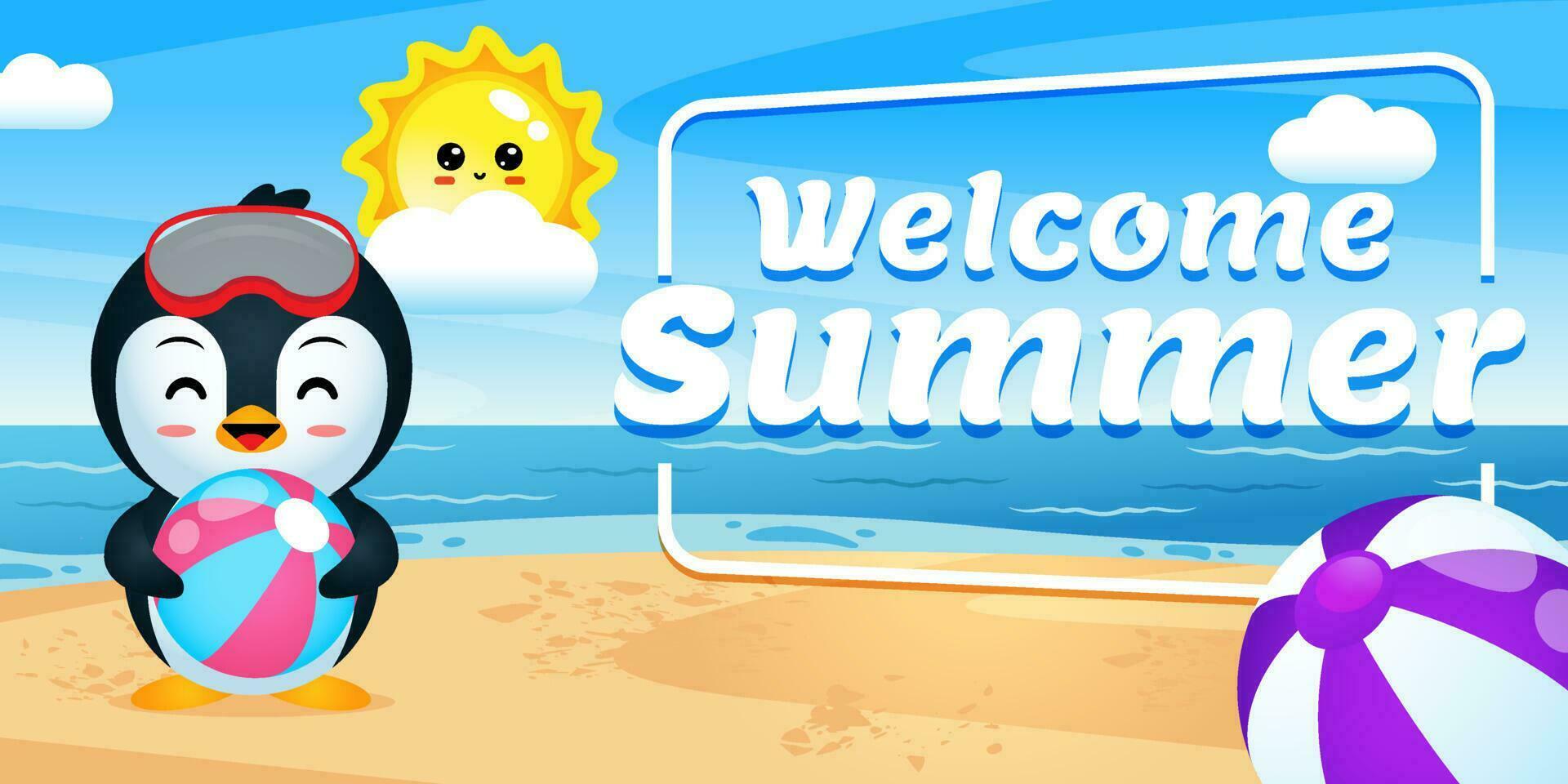 Happy Cute Penguin Holding Ball With Summer Greeting Banner vector